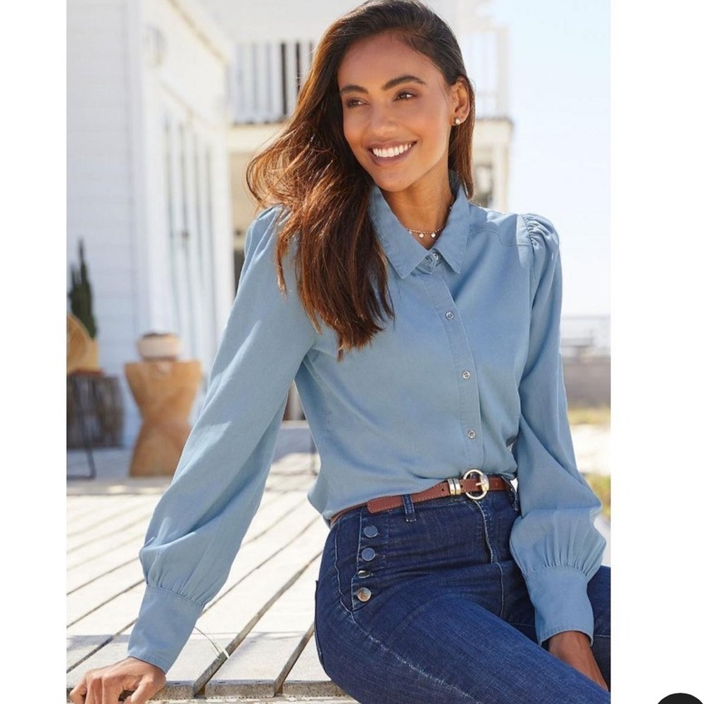 Lascana lyocell blend blue denim button up long sleeve blouse size 8